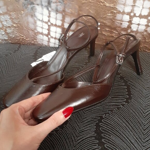 Zara NWT Genuine Leather Chocolate Brown Heels - Picture 11 of 16
